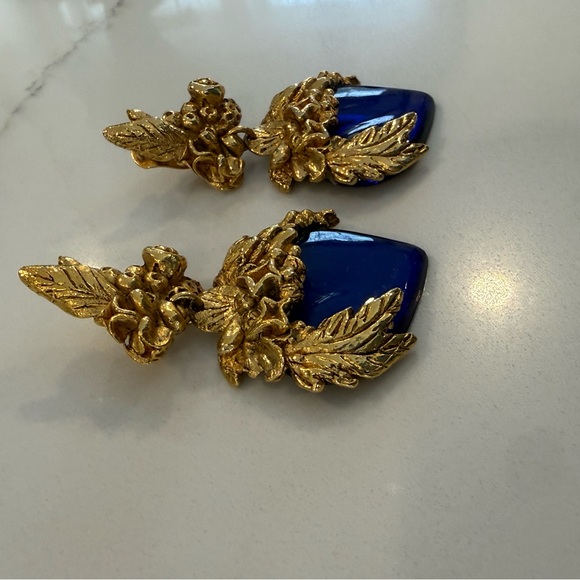Brigitte Lambert Paris Blue Acrylic and Gold Clip On Statement Earrings - Picture 3 of 7